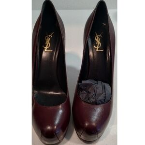 Yves Saint Laurent Burgundy Pebbled Leather Platform Pumps with Gold Logo